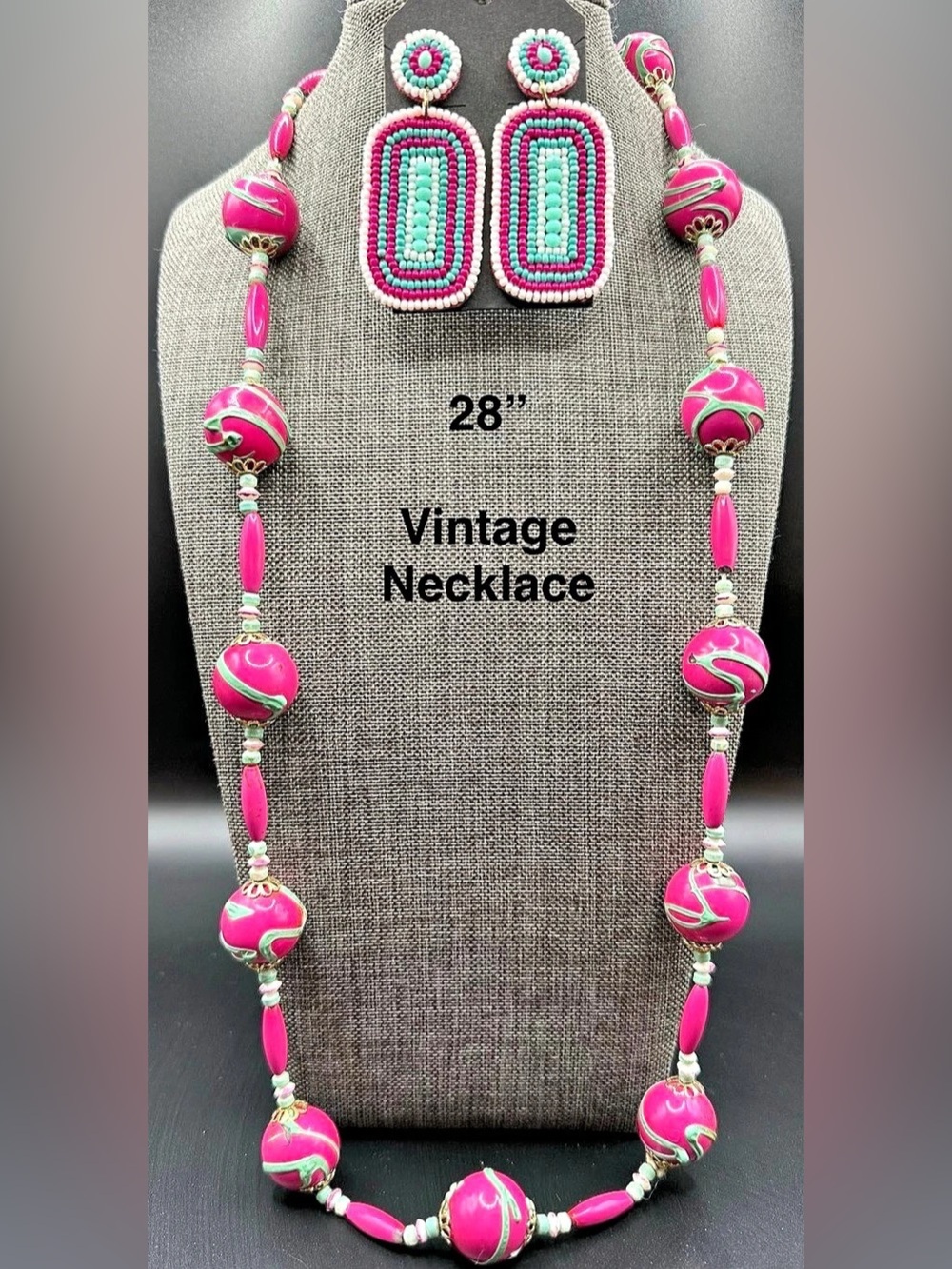 Vintage Pink Beaded Necklace & Earrings